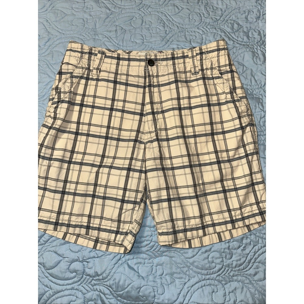 Aeropostale Mens Beige Blue Plaid Flat Front Chino Shorts Size 32 8' Inseem